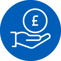 Icon: Outline of hand outstretched and holding a pound coin symbol
