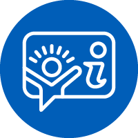 Icon: Outline of person singing / waving in speech bubble with i symbol