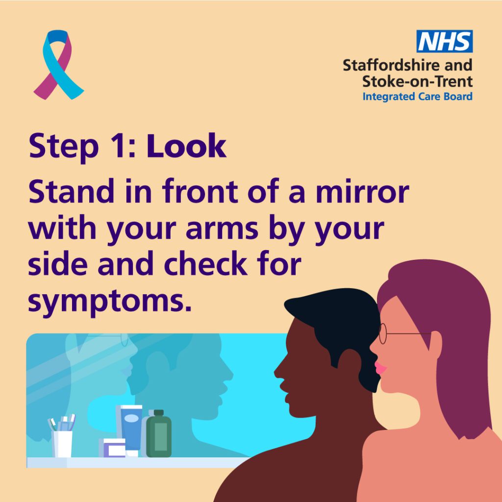 Step 1: Look. Stand in front of a mirror with your arms by your side and check for symptoms.