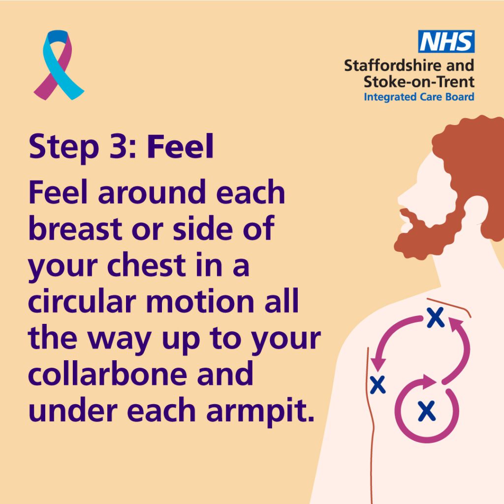 Step 3: Feel. Feel around each breast or side of your chest in a circular motion all the way up your collarbone and under each armpit. 