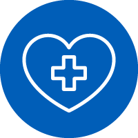 Icon: Outline of heart shape with medical cross symbol in the centre