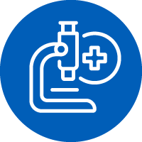 Icon: Outline of microscope and medical cross symbol