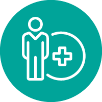 Icon: Outline of person standing in front of a circle symbol with a medical cross in the centre.