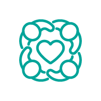 Icon: Outline of group of 4 people standing in a circle and holding a heart.