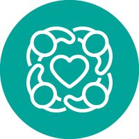 Icon: Outline of group of 4 people standing in a circle and holding a heart.