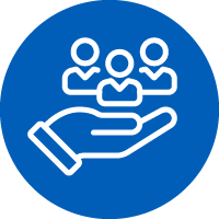Icon: Outline of hand holding 3 people
