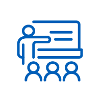 Icon: Outline of person pointing to a presentation screen and people watching