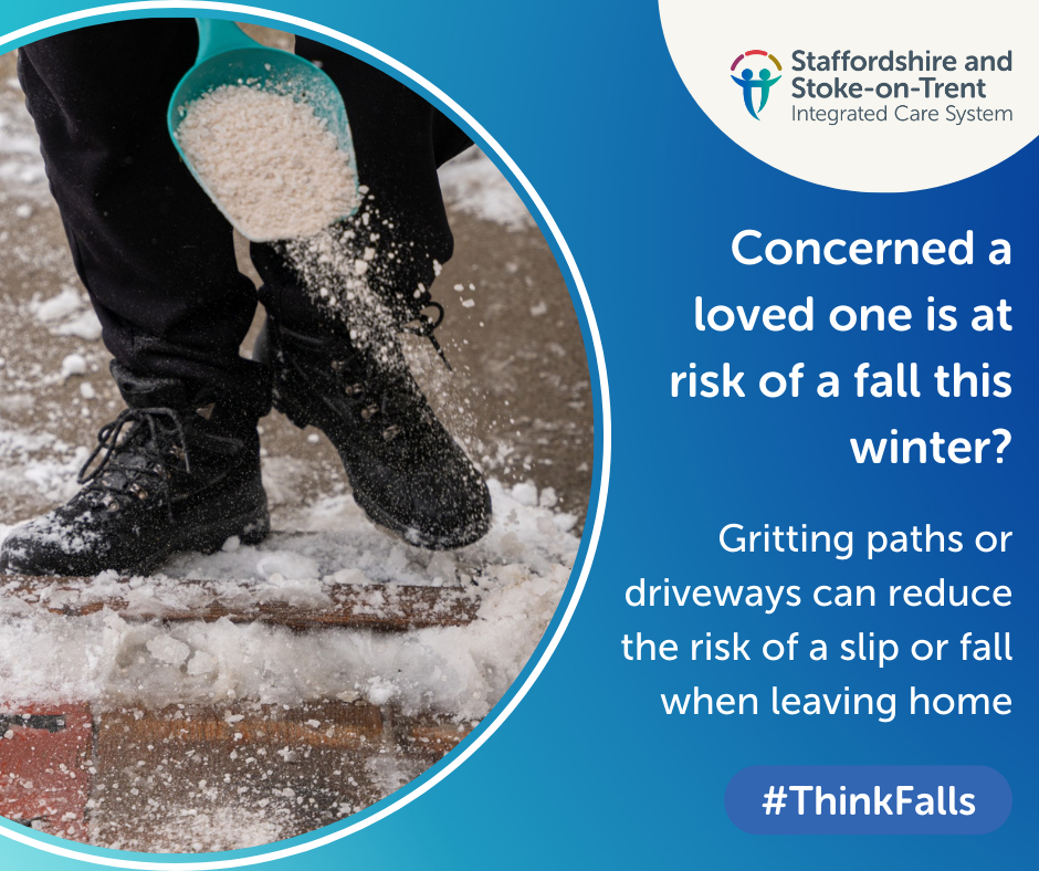#ThinkFalls

Gritting paths or driveways can reduce the risk of a slip or fall when leaving home. 