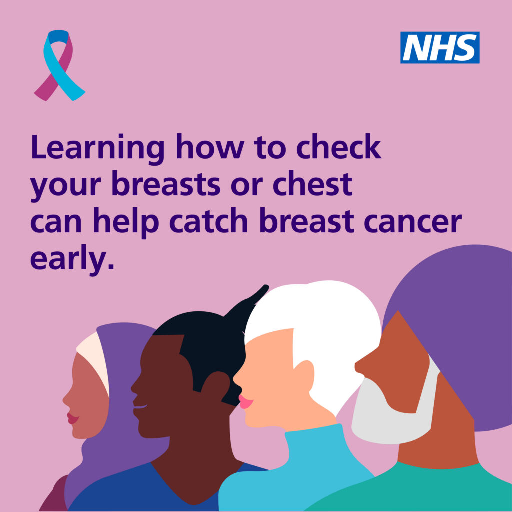 Image reads: Learning how to check your breasts or chest can help catch breast cancer early
